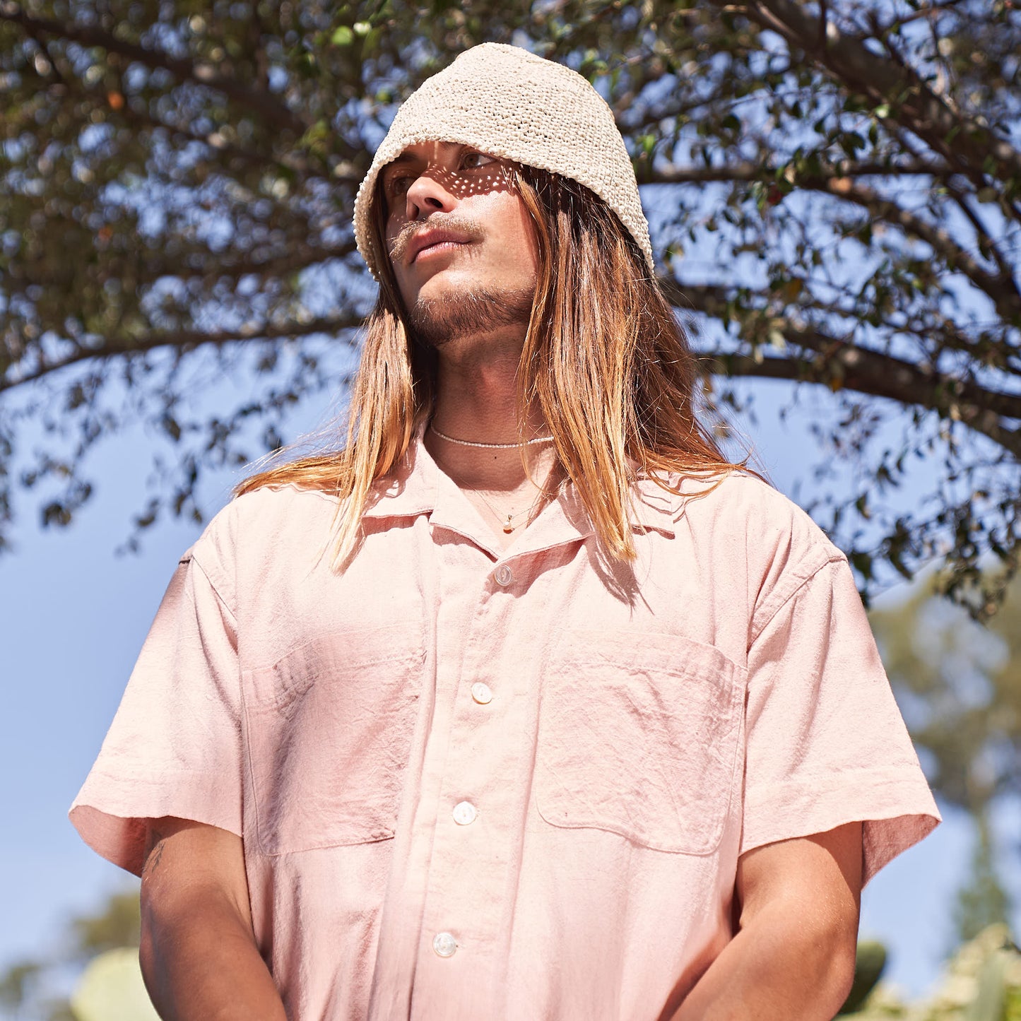 Camp Shirt, Handwoven Sappanwood Pink Kala Cotton