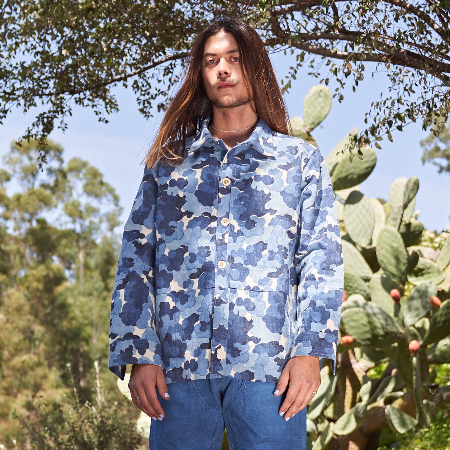 Cloud Camo Shirt Jacket, Indigo Screen Printed Organic Cotton Canvas