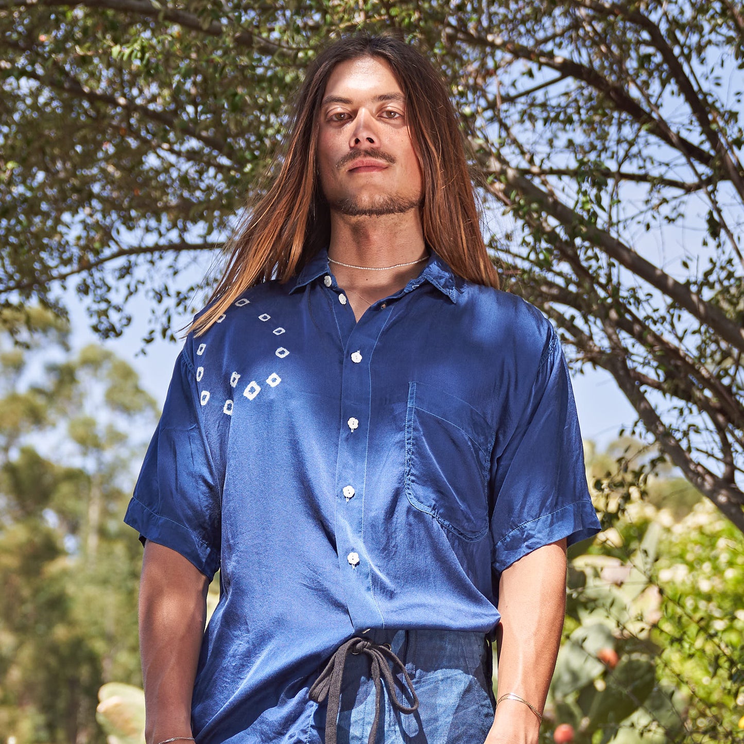 Grandfather Shirt, Indigo Shibori Heritage Silk