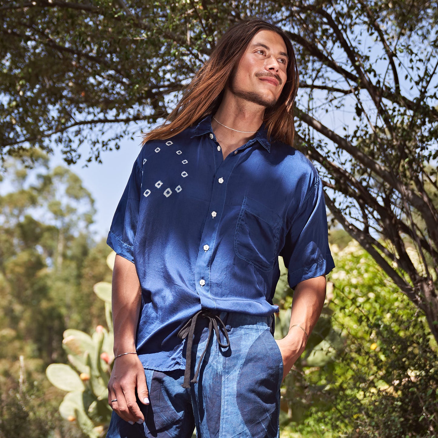 Grandfather Shirt, Indigo Shibori Heritage Silk