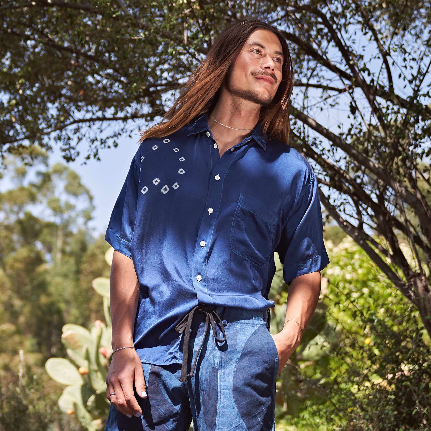 Grandfather Shirt, Indigo Shibori Heritage Silk