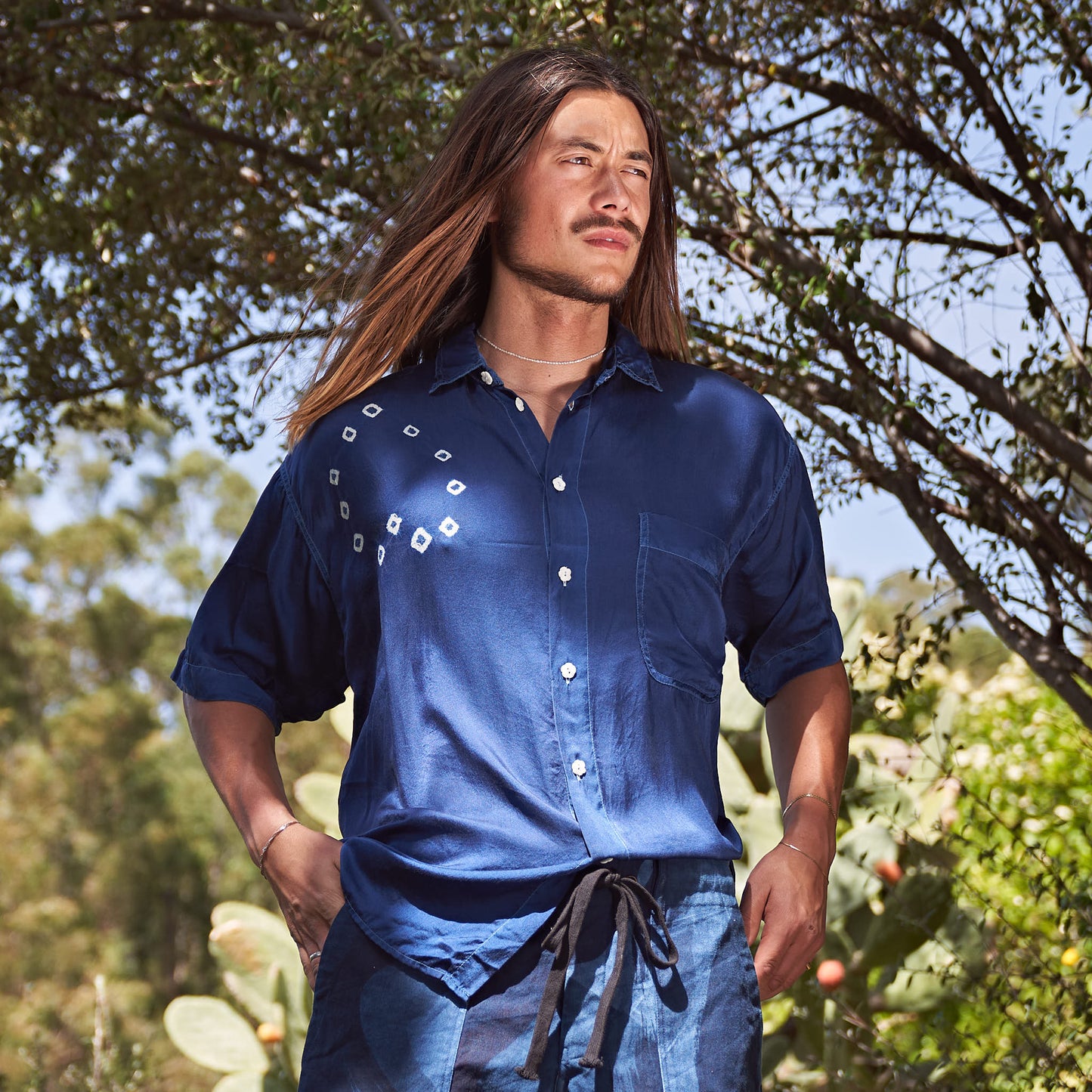 Grandfather Shirt, Indigo Shibori Heritage Silk