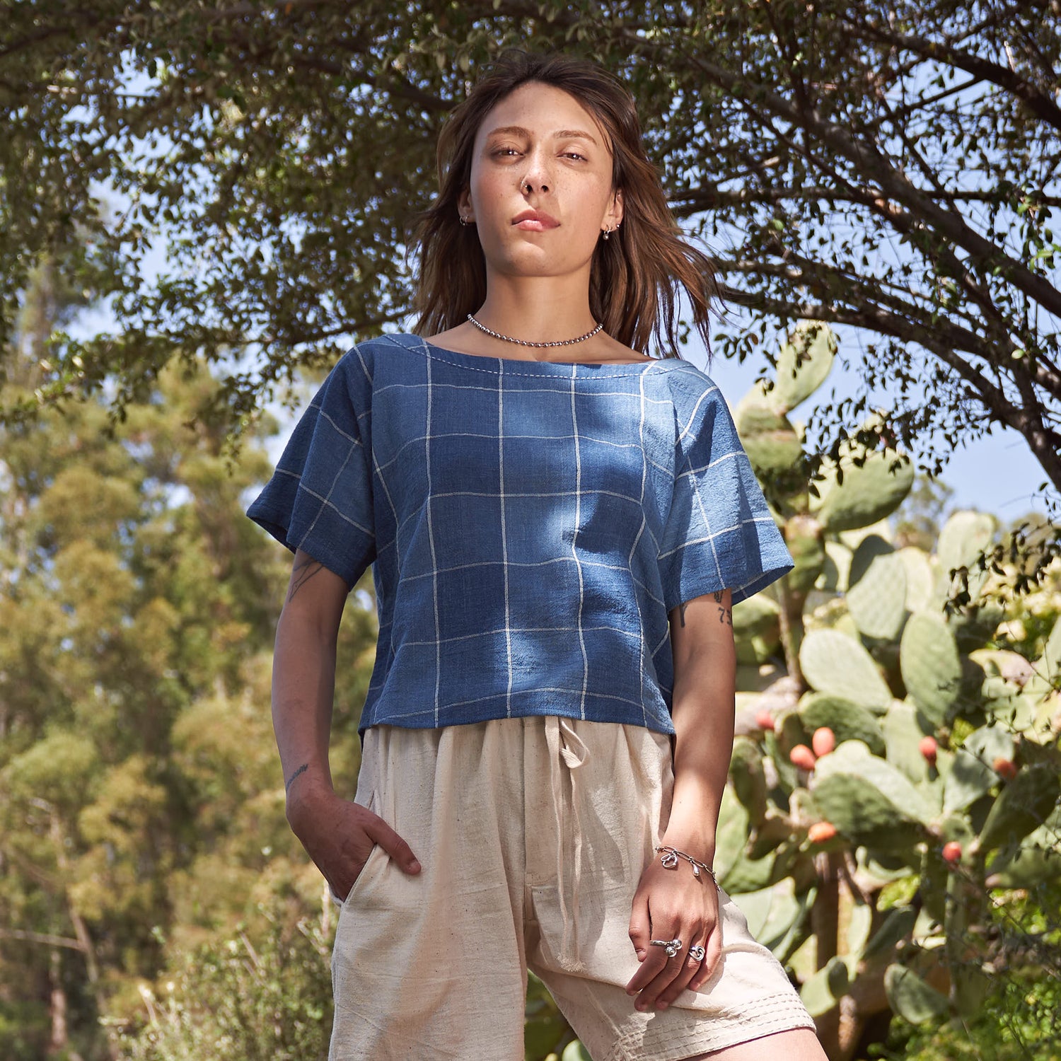 Nova Tee, Indigo Box Check Kala Cotton
