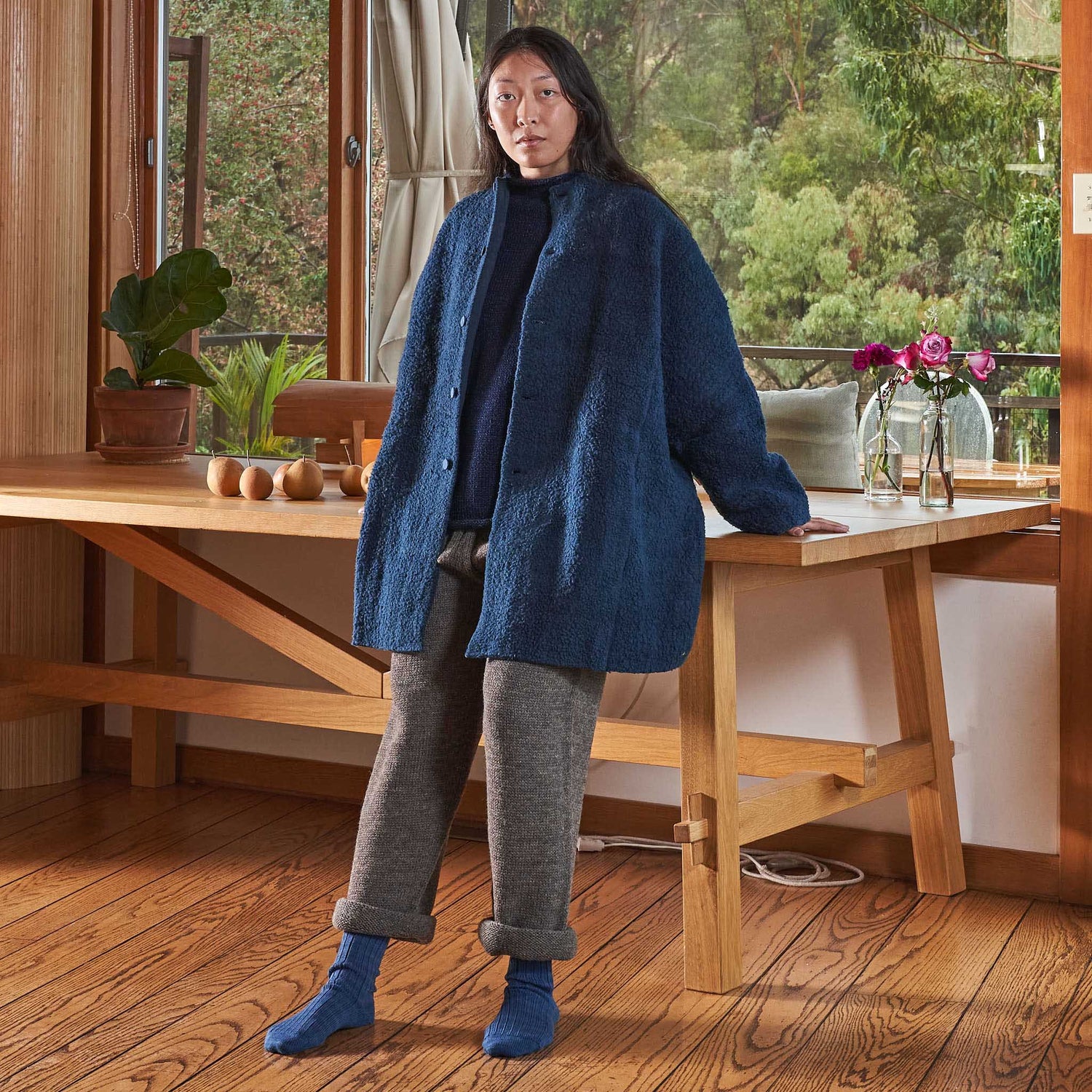 Silk-Lined Cocoon Coat, Handspun & Handwoven Indigo Wool