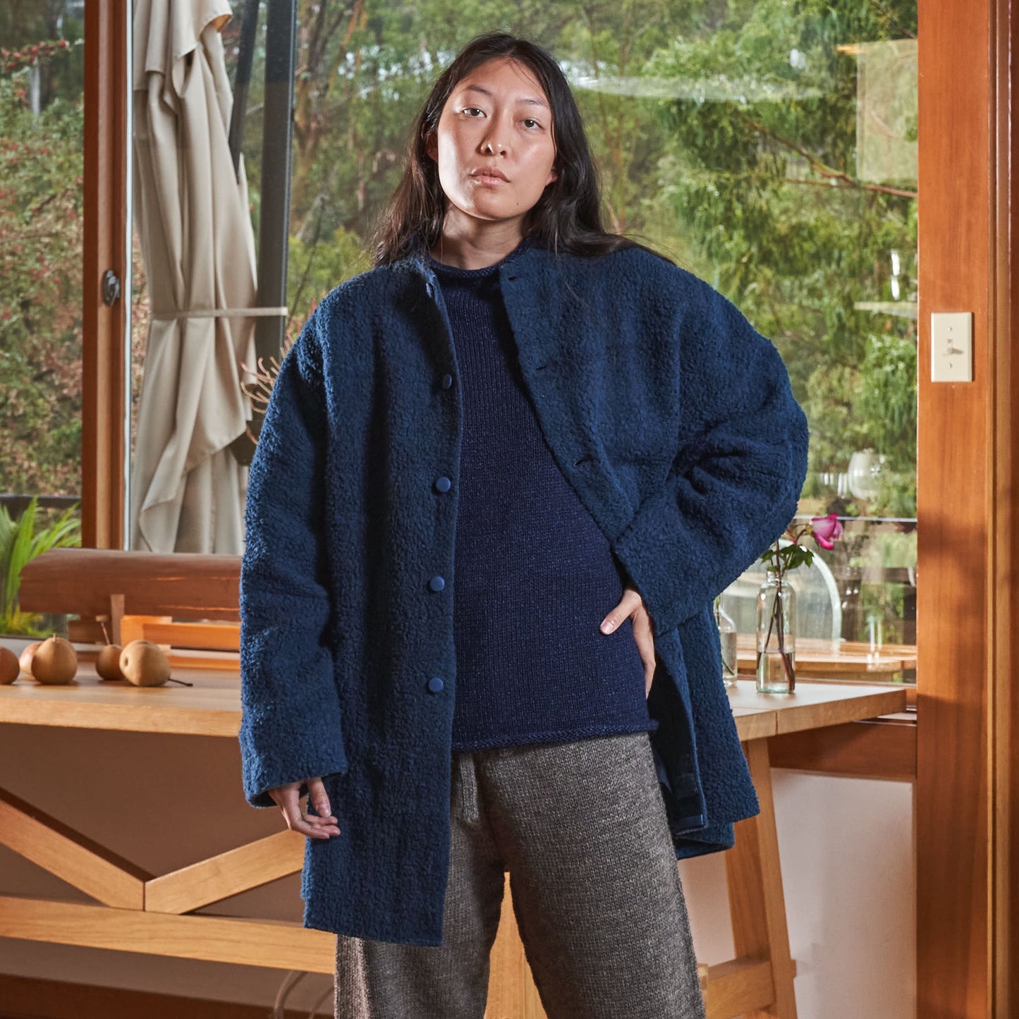 Silk-Lined Cocoon Coat, Handspun & Handwoven Indigo Wool