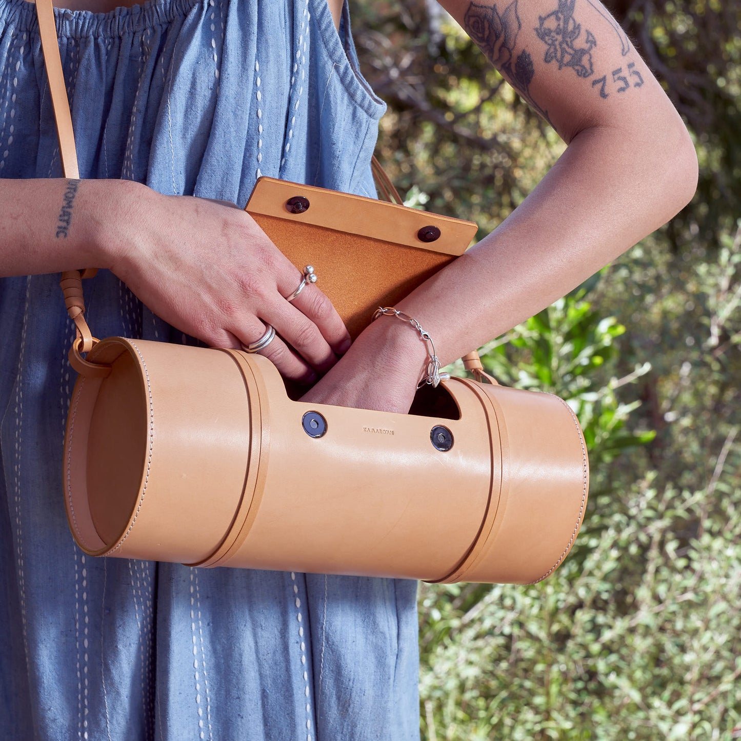 Woven Bamboo Bag, Natural Vegetable Tanned Leather