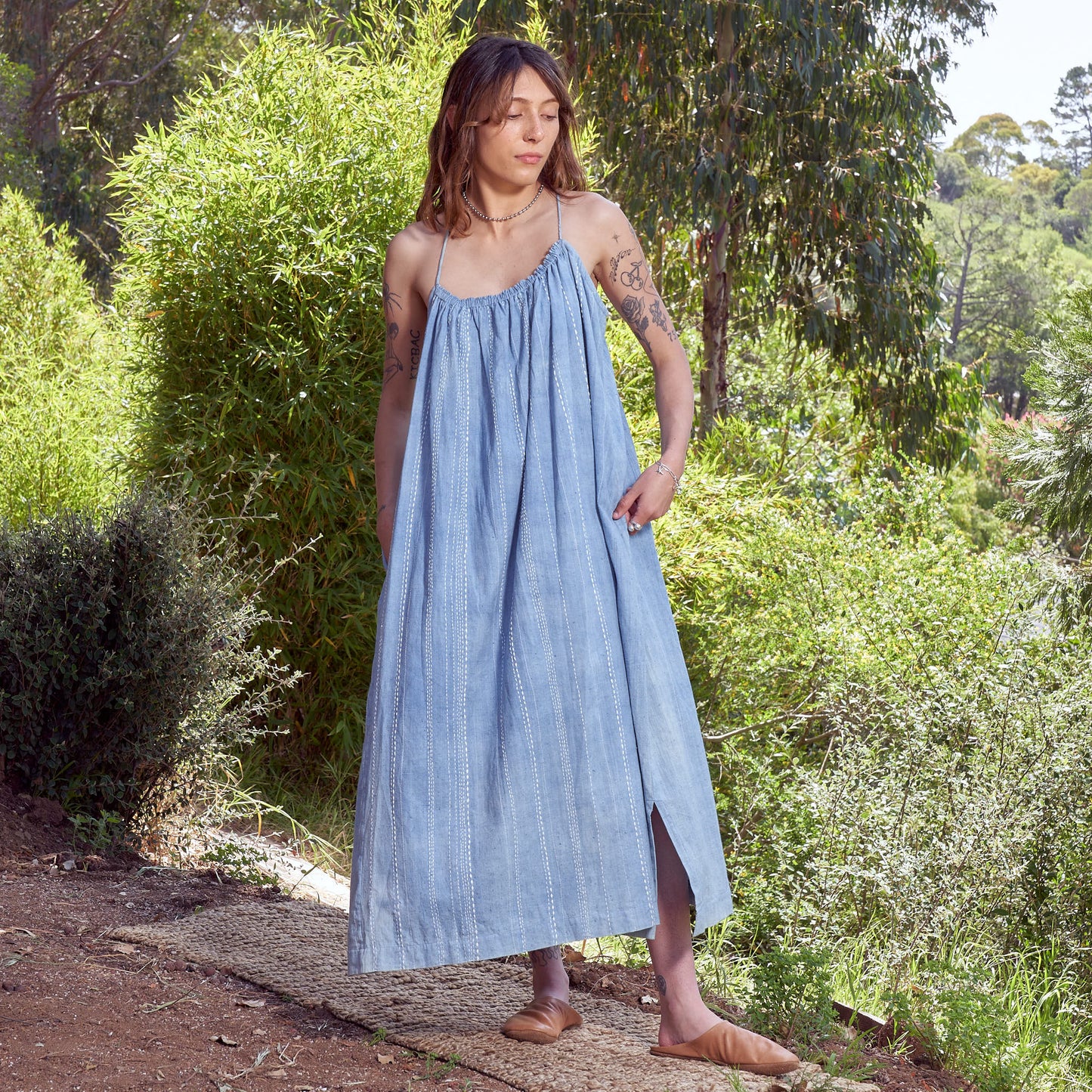 Isa Dress, Hand Embroidered Indigo Kala Cotton