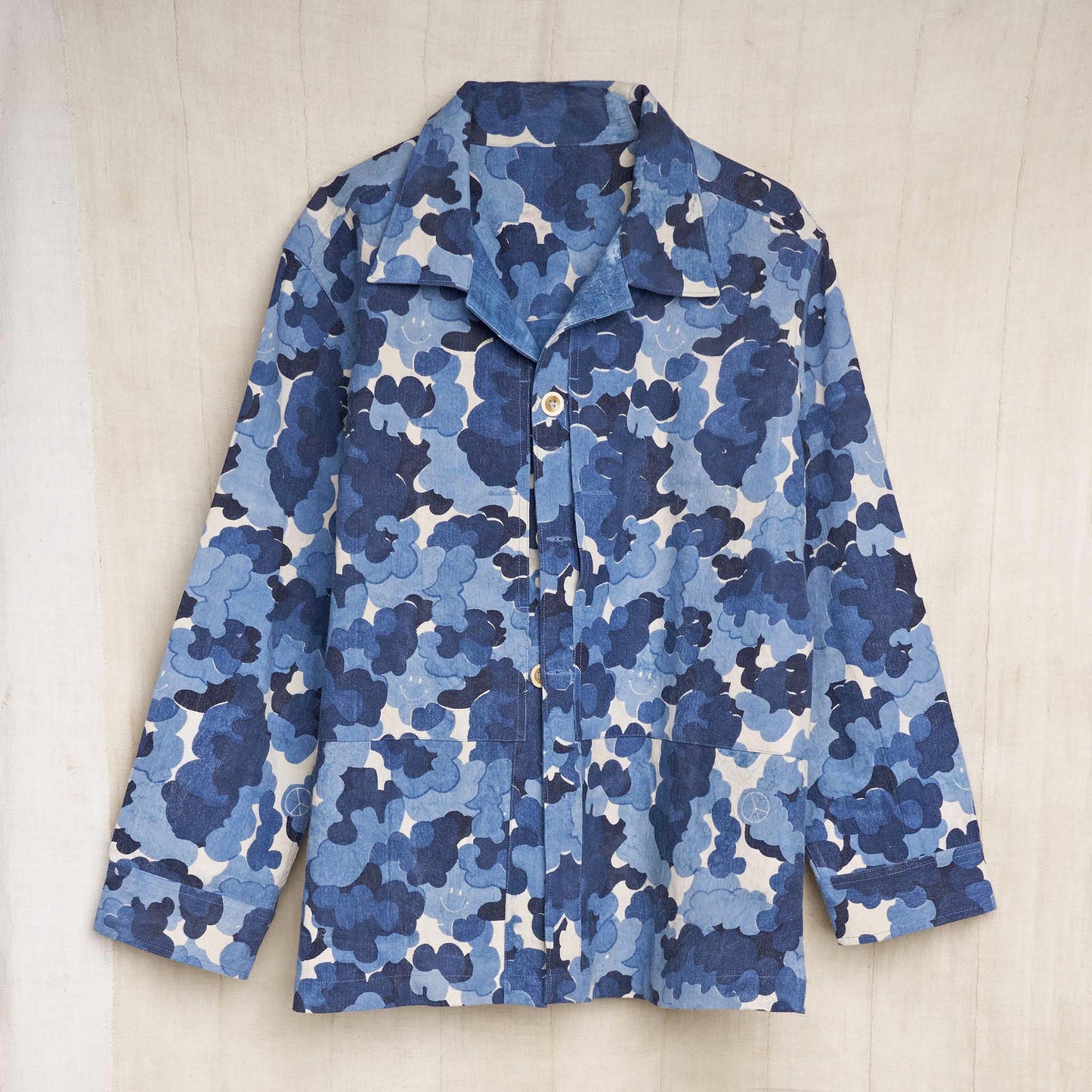 Cloud Camo Shirt Jacket, Indigo Screen Printed Organic Cotton Canvas