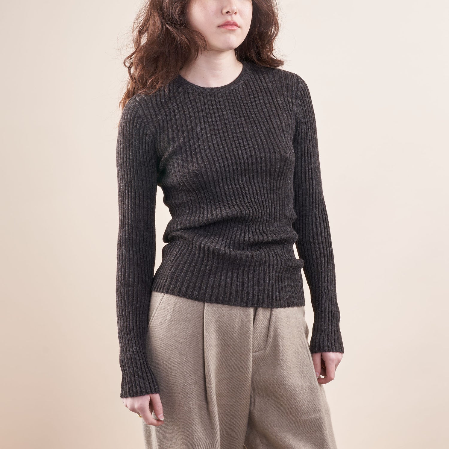 Baby Alpaca Layering Ribbed Crewneck, Undyed Charcoal