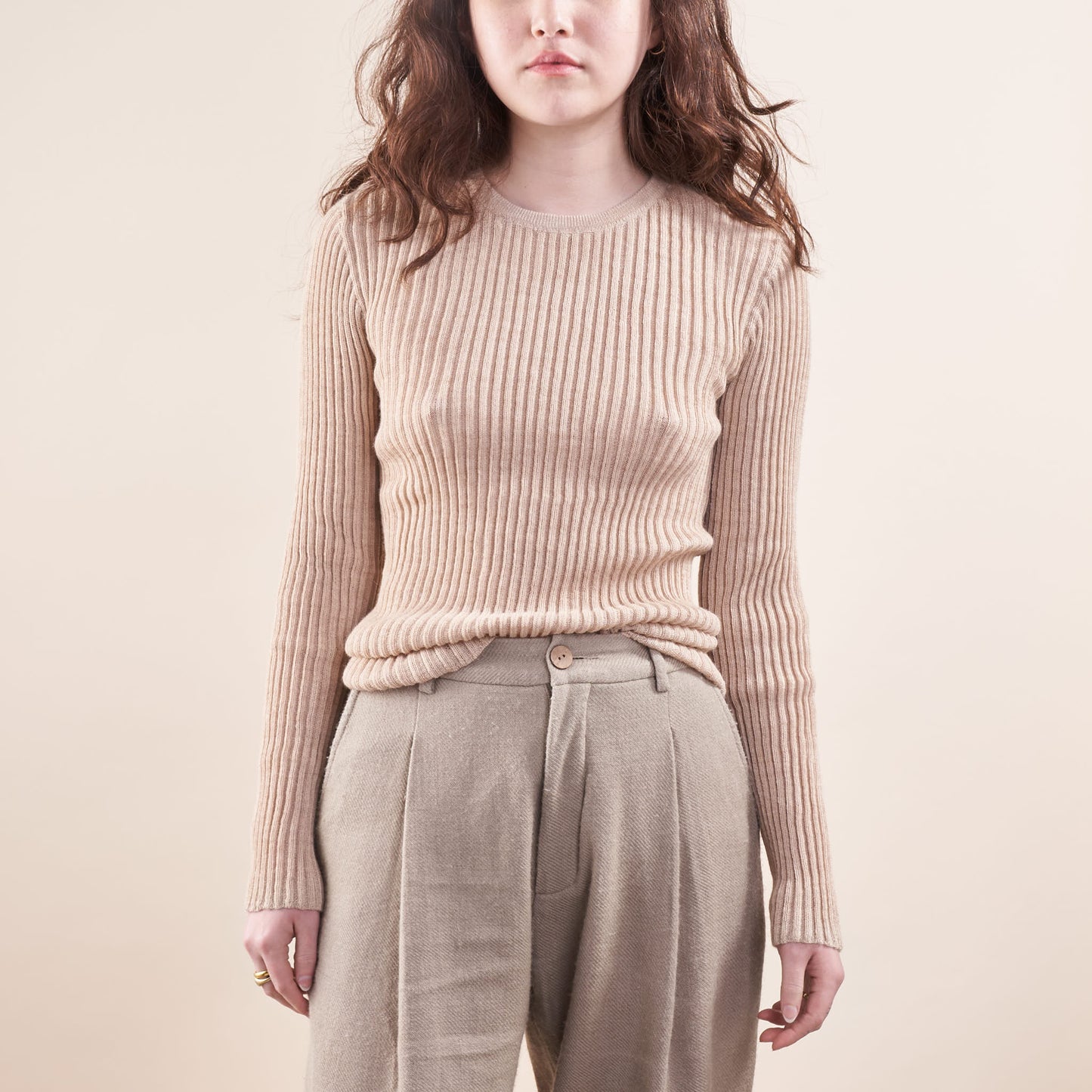 Baby Alpaca Layering Ribbed Crewneck, Undyed Almond