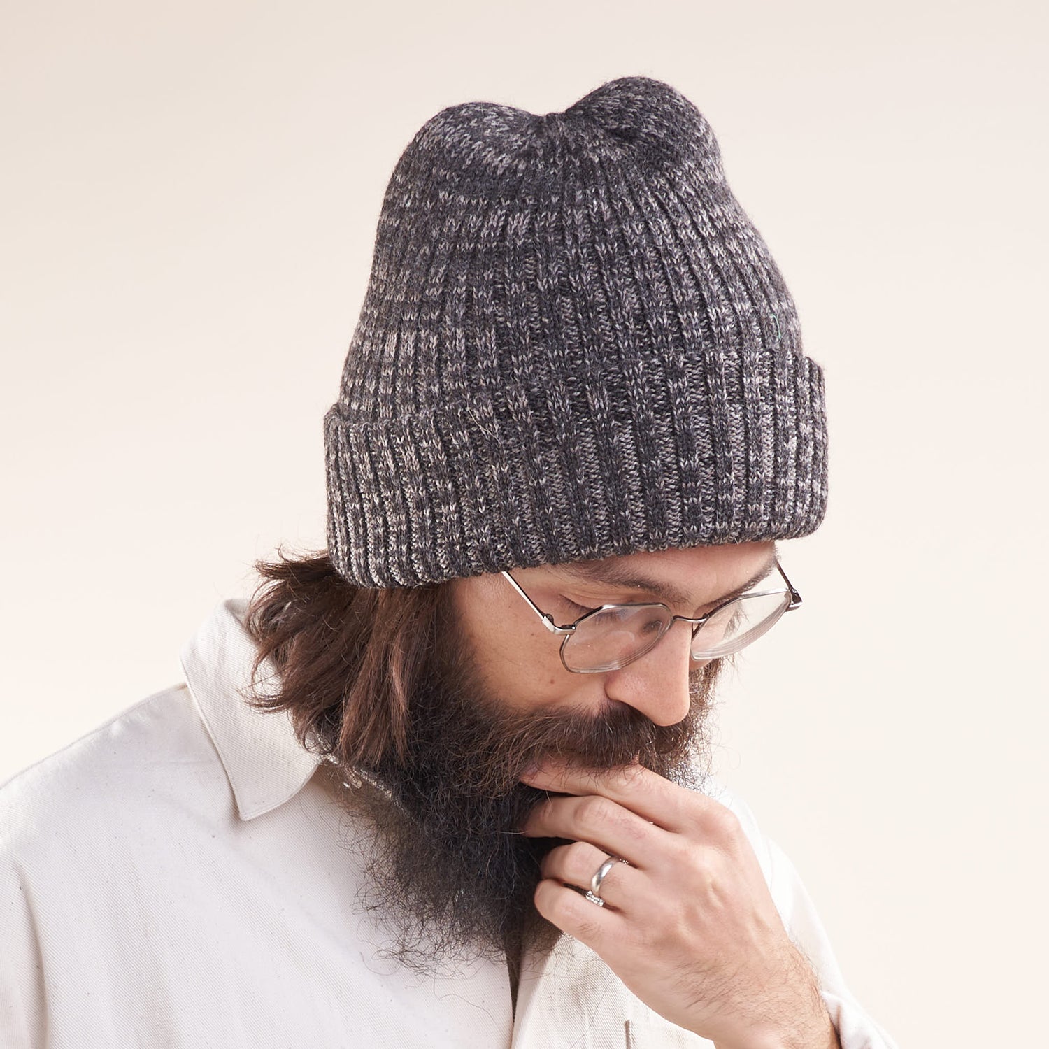 Baby Alpaca-Wool Blend Marled Rib Hat, Undyed Smoke