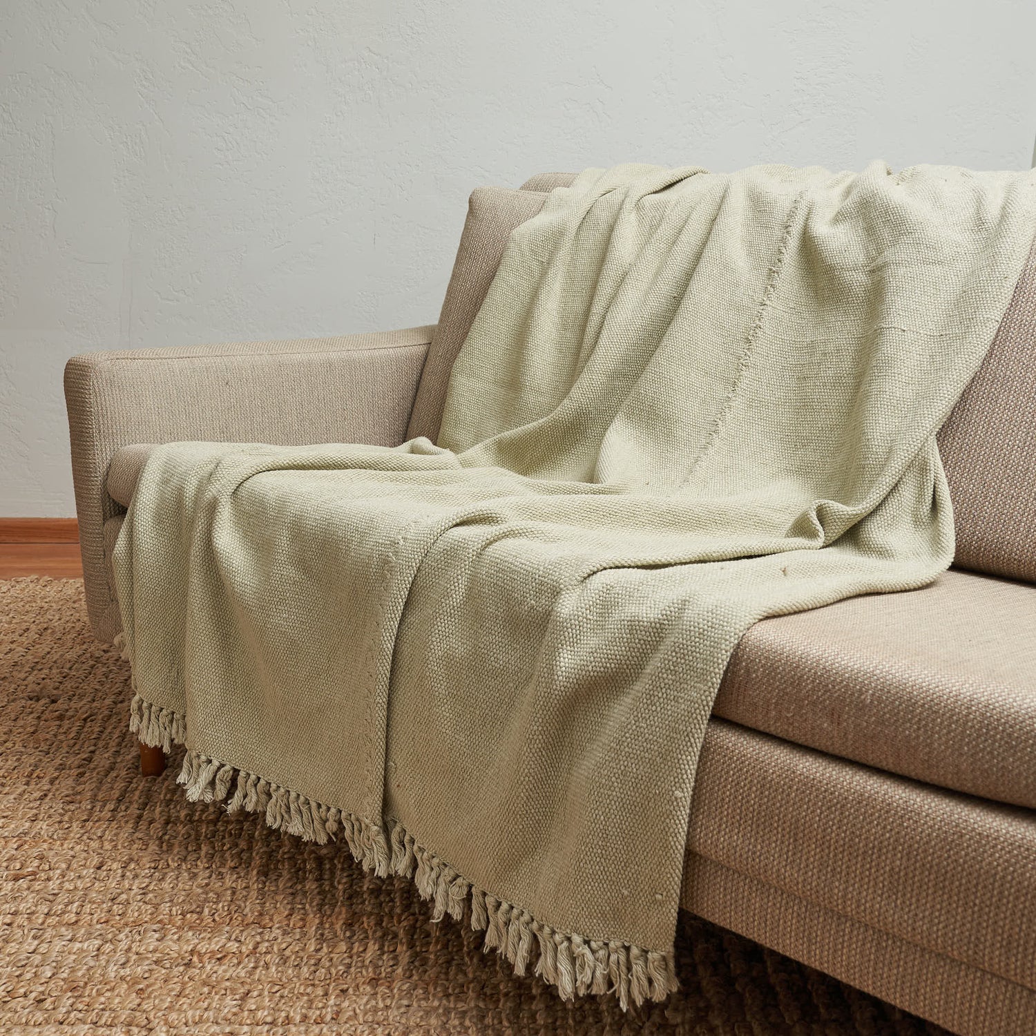 Handwoven Organic Cotton Throw Blanket, Undyed Jade