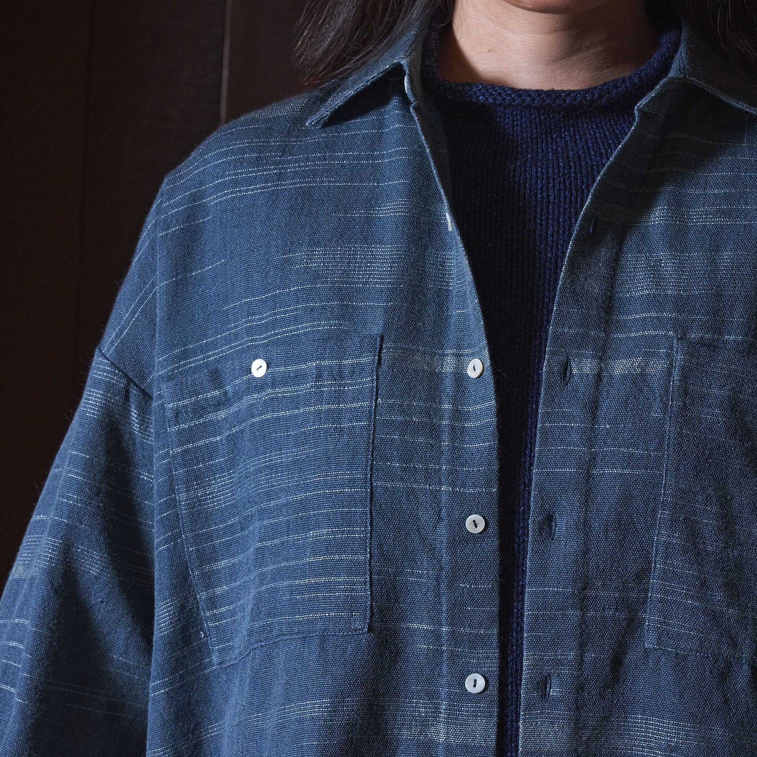 Lonnng Shirt, Indigo-Iron Gray Merino Wool Ikat