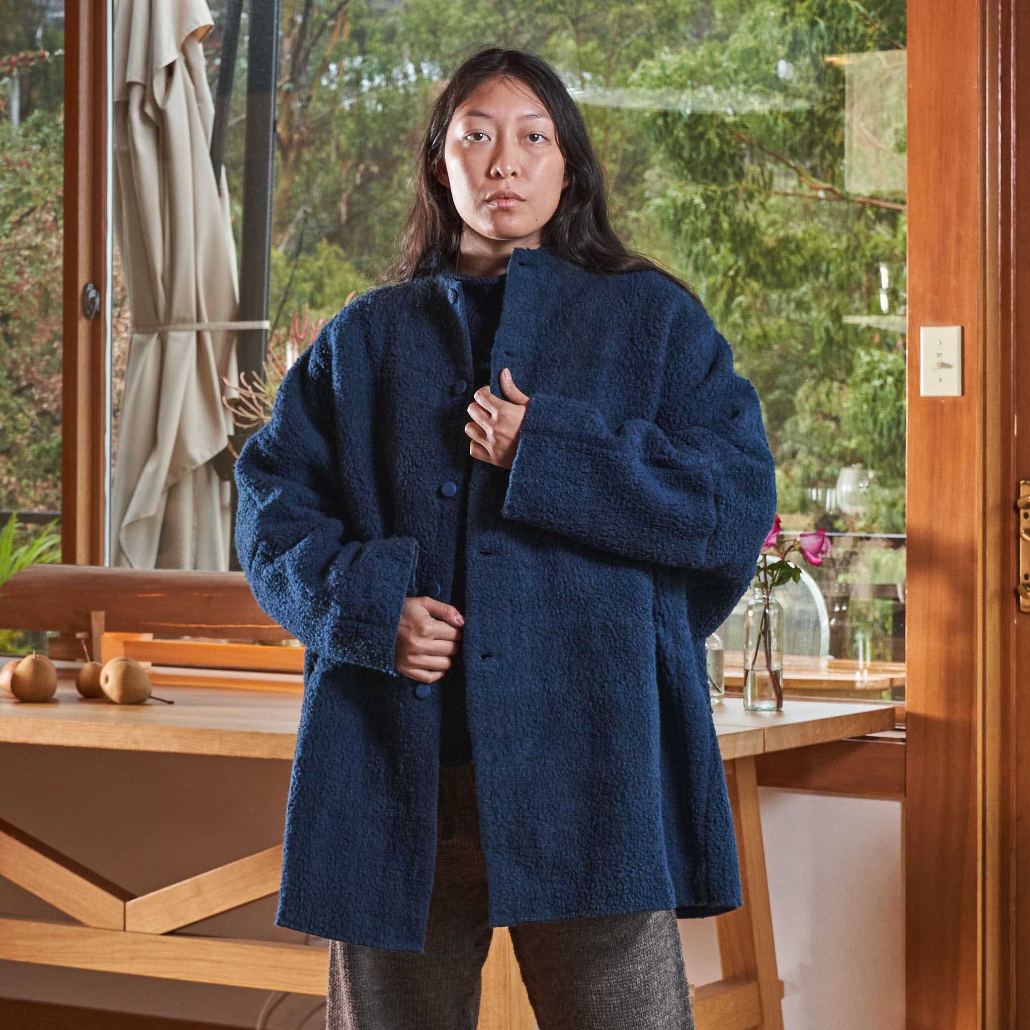 Silk-Lined Cocoon Coat, Handspun & Handwoven Indigo Wool