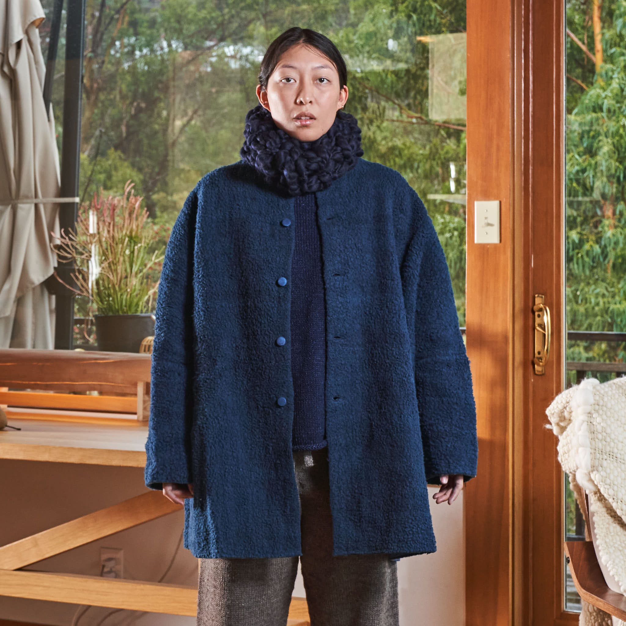 Silk-Lined Cocoon Coat, Handspun & Handwoven Indigo Wool