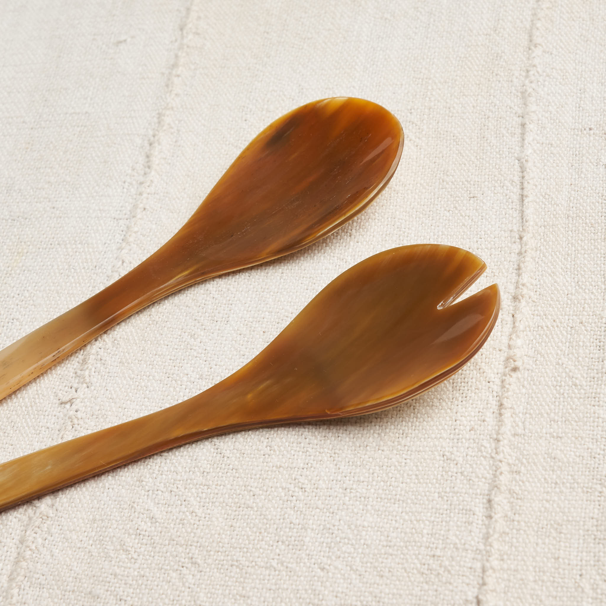 Never used popular Vintage carved horn salad server spoon and fork set with fish shape handle Vietnam souvenir