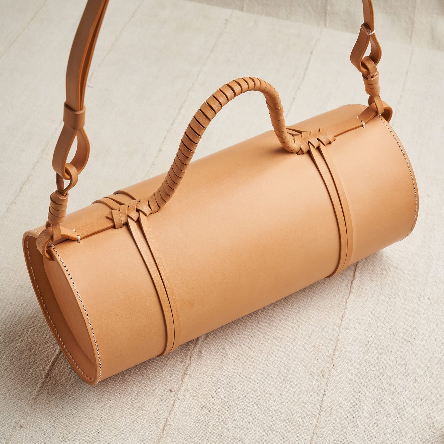 Woven Bamboo Bag, Natural Vegetable Tanned Leather
