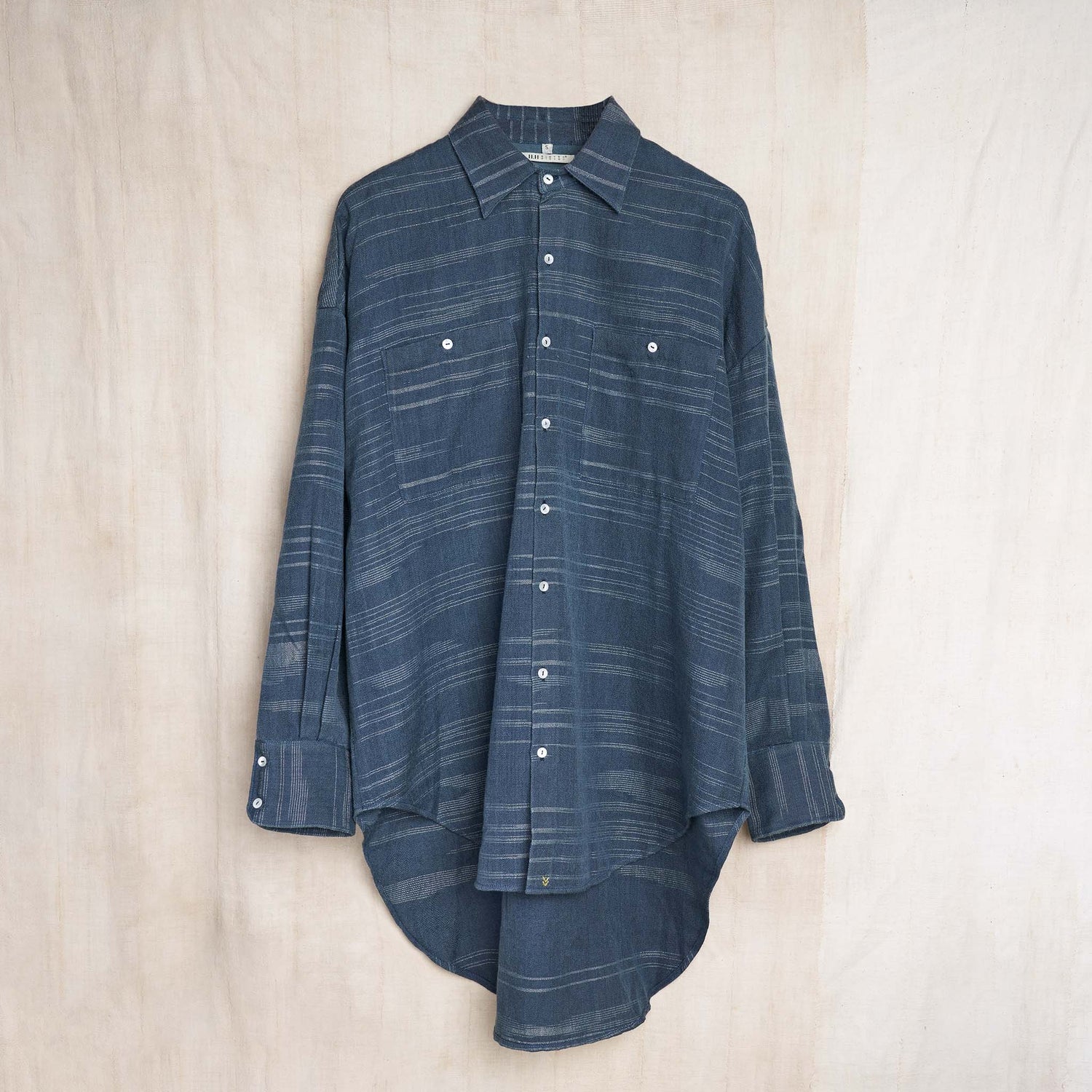 Lonnng Shirt, Indigo-Iron Gray Merino Wool Ikat