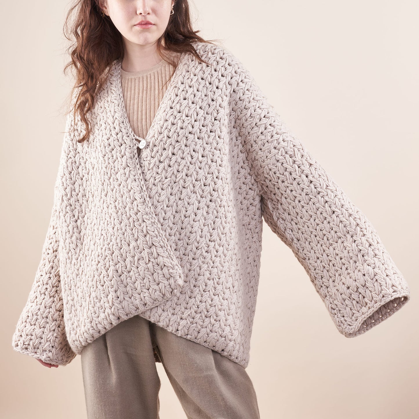 Oversized Merino Cardigan, Crocheted Feather Stitch