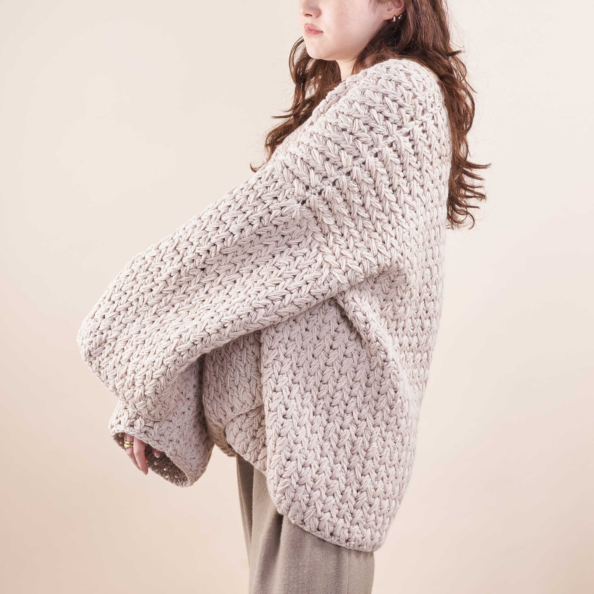 Maydi Oversized Merino Cardigan Crocheted Feather Stitch L