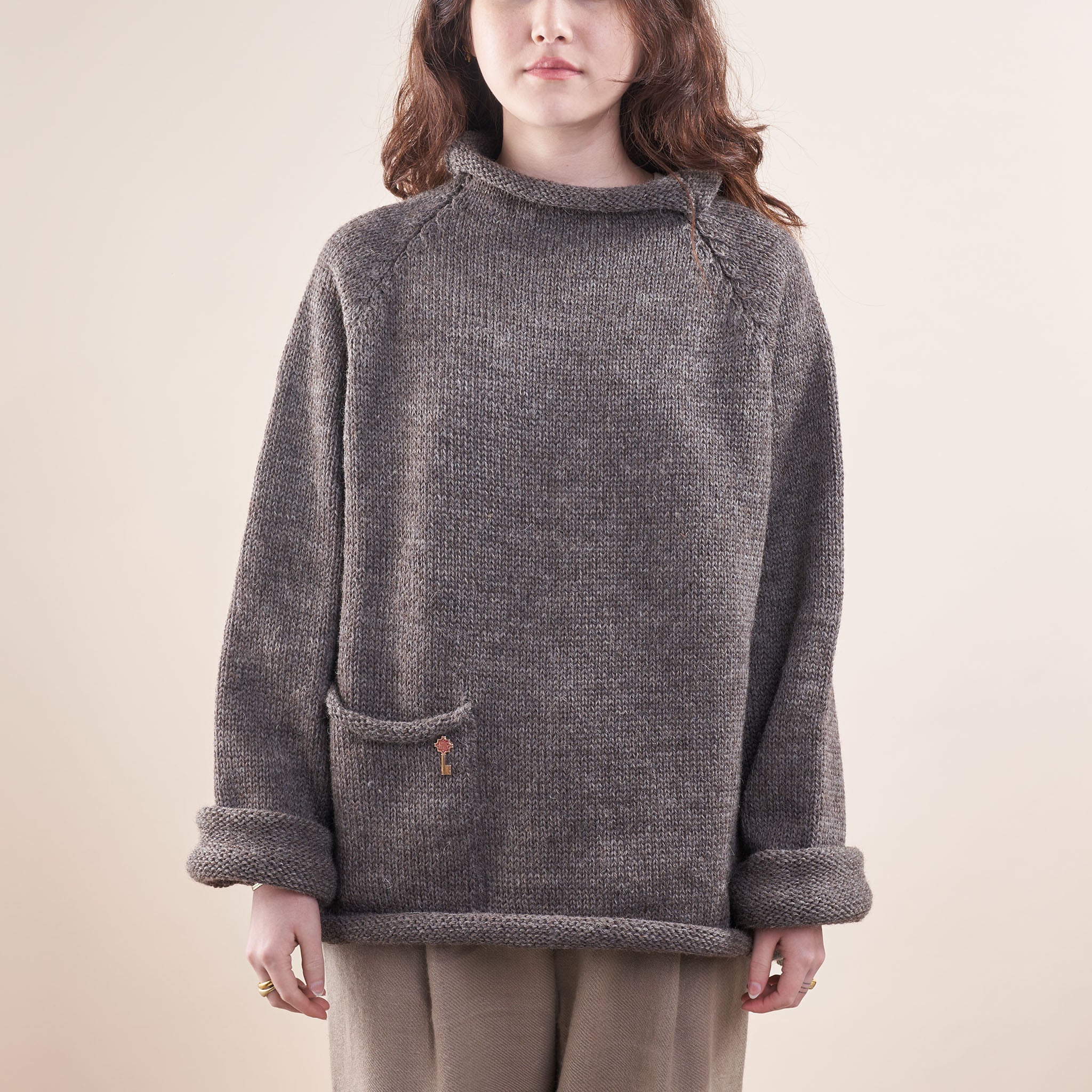 Xenia Telunts | Handknit Fisherman Sweater in Undyed Gray Wool