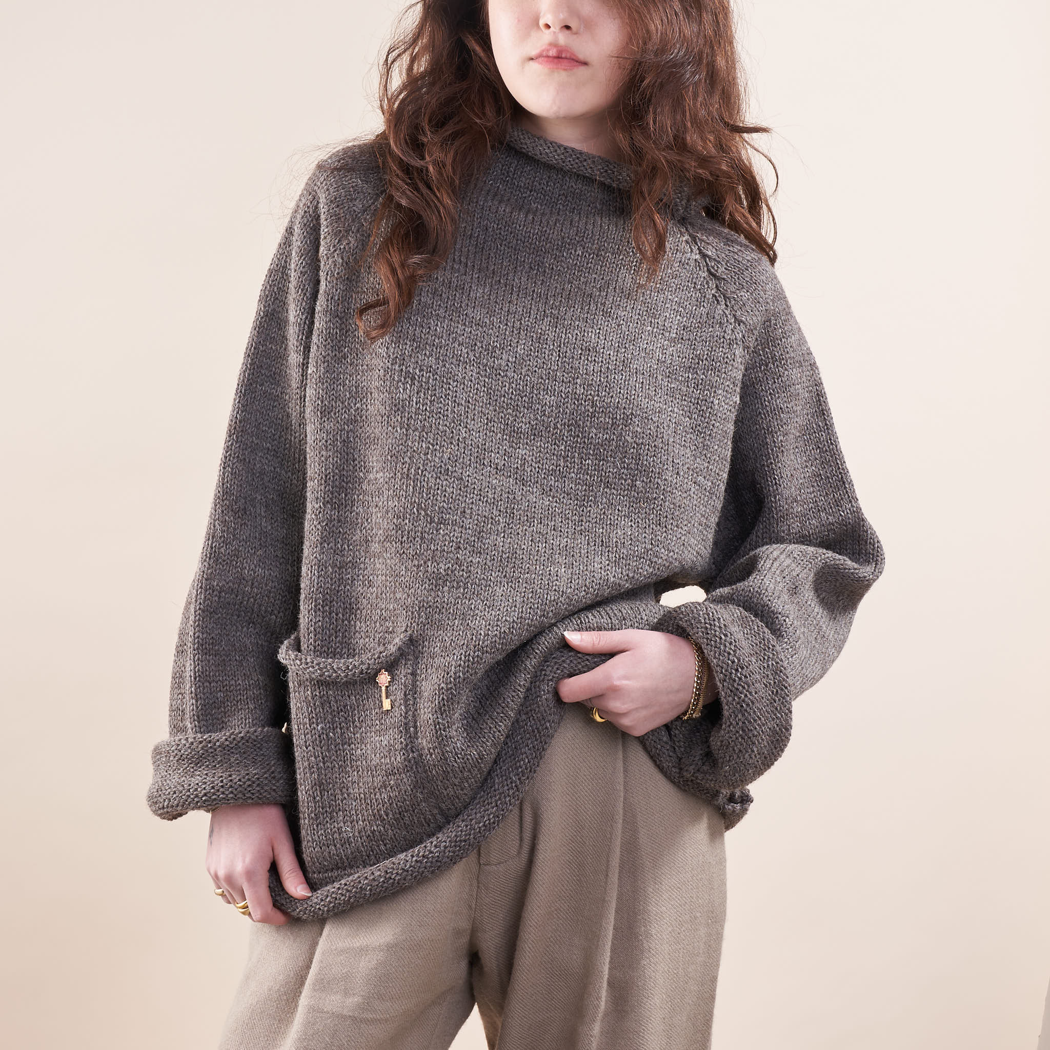 Handknit Wool Fisherman Sweater, Undyed Gray