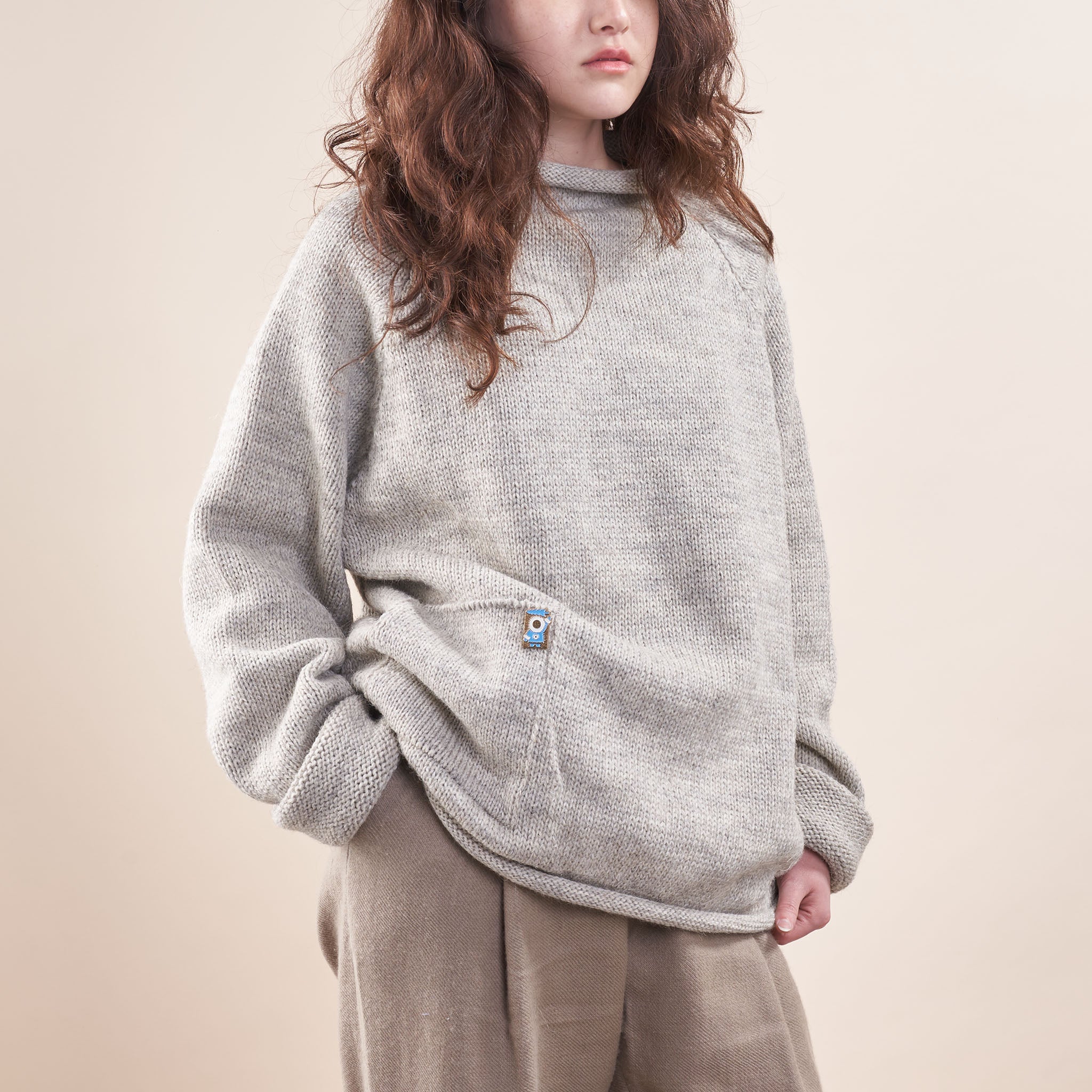Xenia Telunts | Handknit Fisherman Sweater in Undyed Oatmeal Wool 
