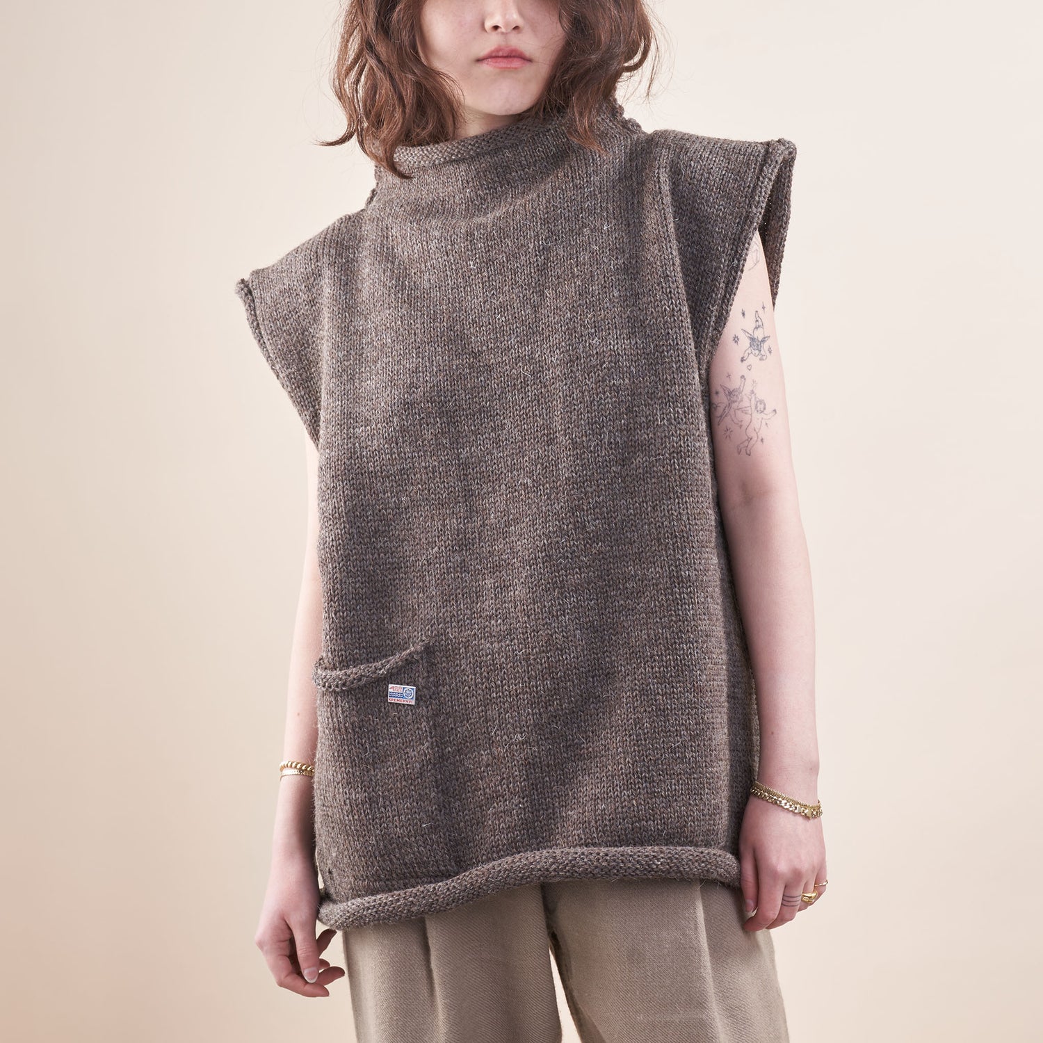 Handknit Wool Fisherman Vest, Undyed Gray