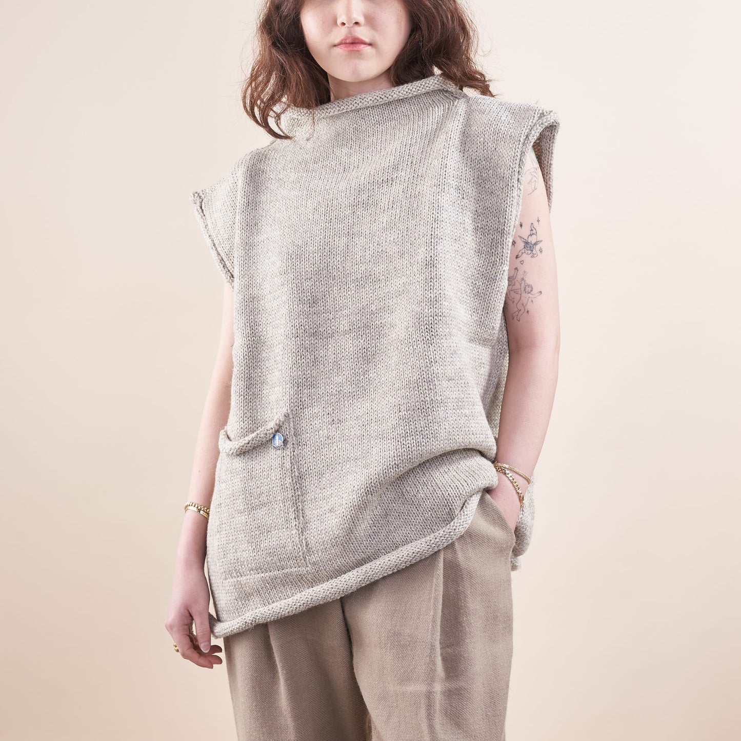 Handknit Wool Fisherman Vest, Undyed Oatmeal