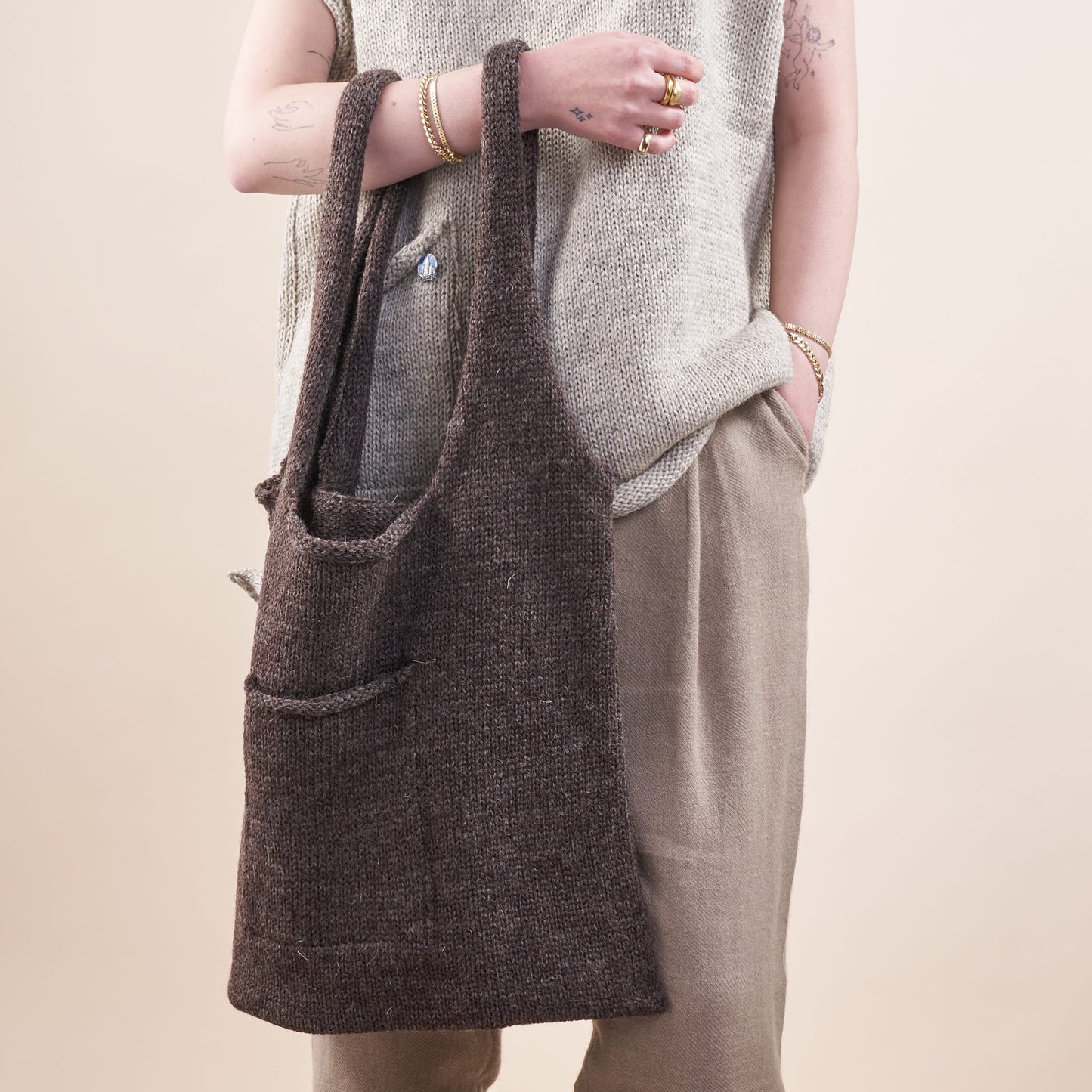 Handknit Wool Shopper Bag, Undyed Gray